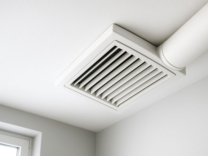 Deckennahe Lüftungsöffnung in einem modernen Wohnraum, durch die eine kontrollierte Raumlüftung erfolgt. Sichtbar ist ein rechteckiges Lüftungsgitter mit horizontalen Lamellen, verbunden mit einem weißen Lüftungsrohr.