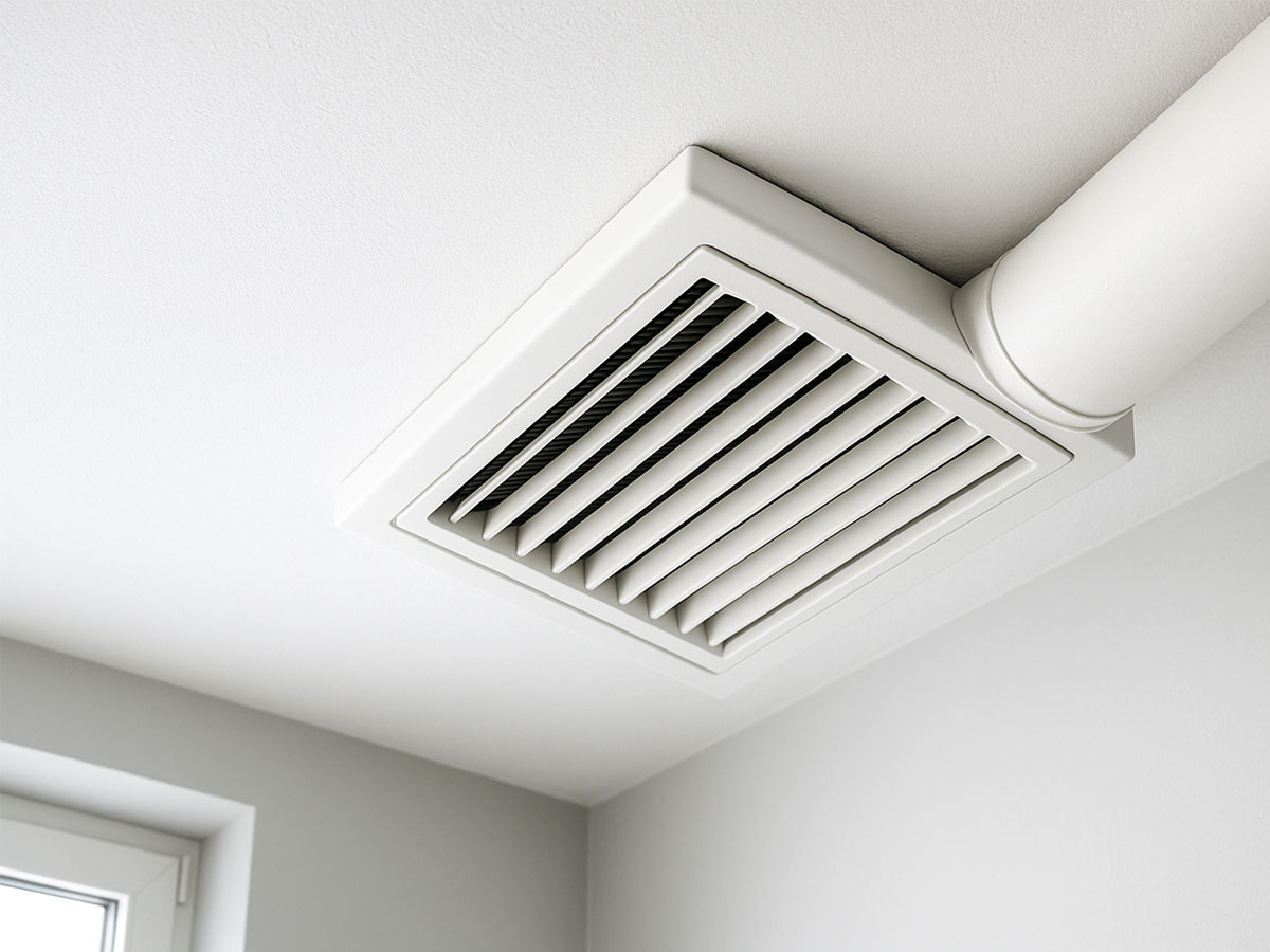 Deckennahe Lüftungsöffnung in einem modernen Wohnraum, durch die eine kontrollierte Raumlüftung erfolgt. Sichtbar ist ein rechteckiges Lüftungsgitter mit horizontalen Lamellen, verbunden mit einem weißen Lüftungsrohr.