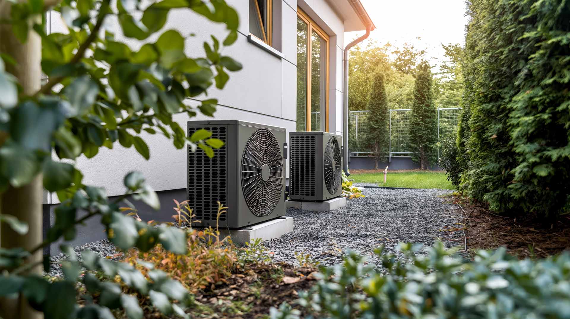 Zwei Außeneinheiten von Wärmepumpen stehen auf einem Kiesstreifen entlang der Fassade eines modernen Hauses mit großen Fenstern. Der Bereich ist von dichtem Grün und Hecken umgeben, im Hintergrund fällt warmes Sonnenlicht durch die Bäume. Die Anlage ist ordentlich installiert und fügt sich harmonisch in den Garten ein.